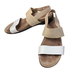 Munro Pisces Slingback Sandals Womens 10 White Leather Natural Fabric Weave Cork